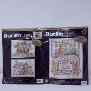 Lot 2 VTG Bucilla Counted Cross Stitch Kits Noah & Friends ABC Birth Record